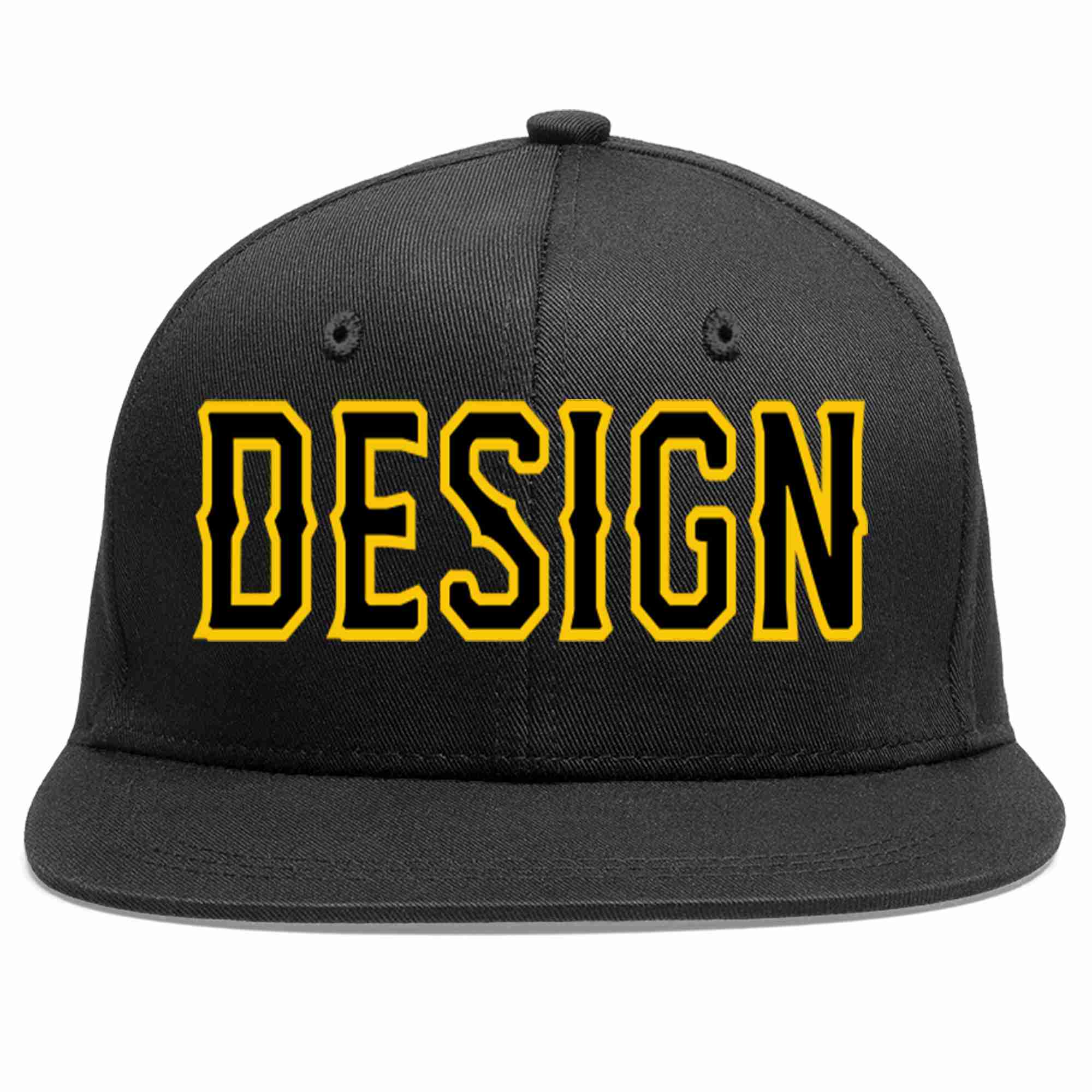 Custom Black Black-Gold Flat Eaves Sport Baseball Cap Design for Men/Women/Youth