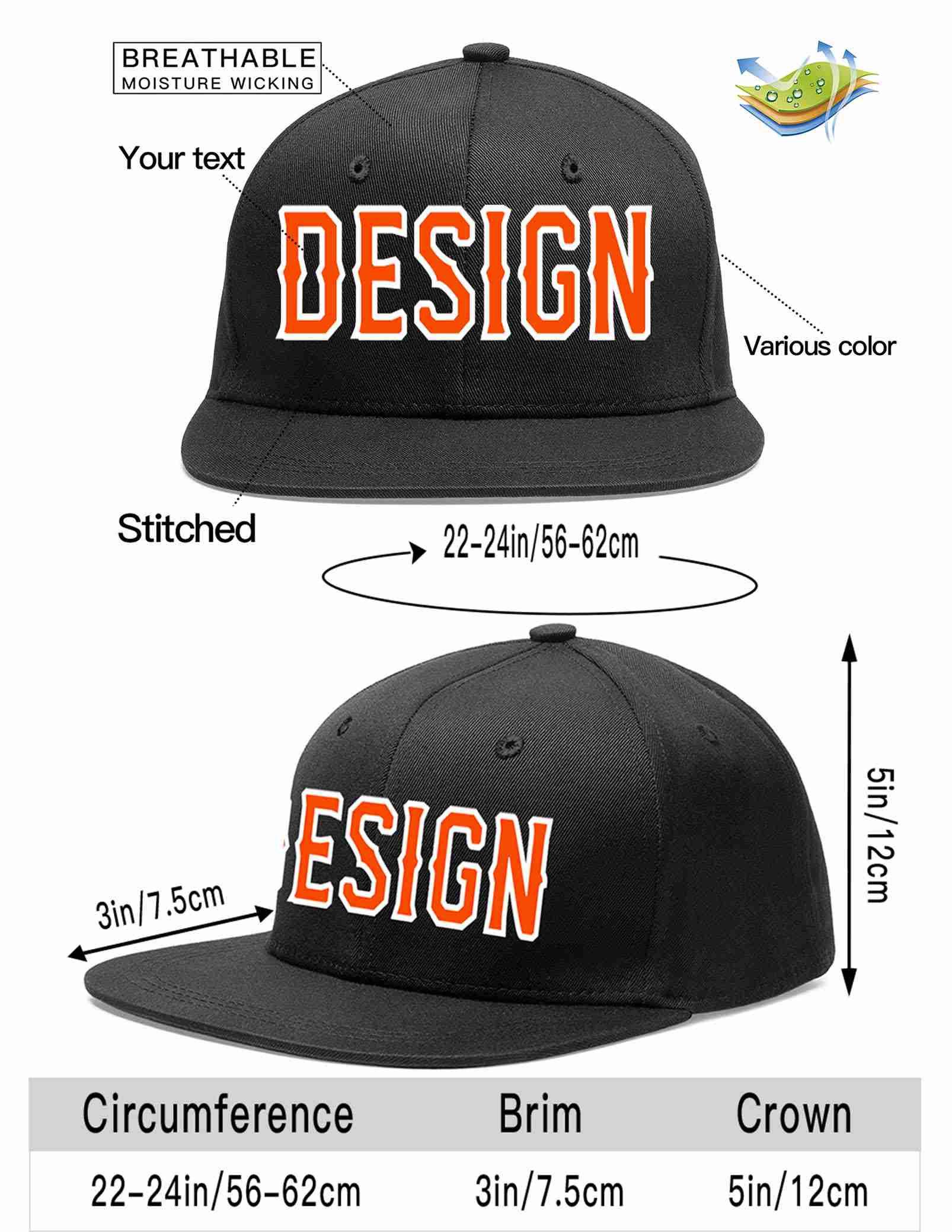 Custom Black Orange-White Flat Eaves Sport Baseball Cap Design for Men/Women/Youth