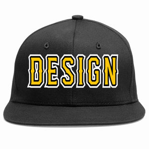 Custom Black Gold-Black Flat Eaves Sport Baseball Cap Design for Men/Women/Youth