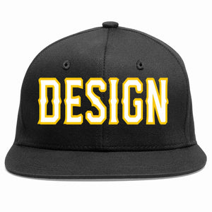 Custom Black White-Gold Flat Eaves Sport Baseball Cap Design for Men/Women/Youth