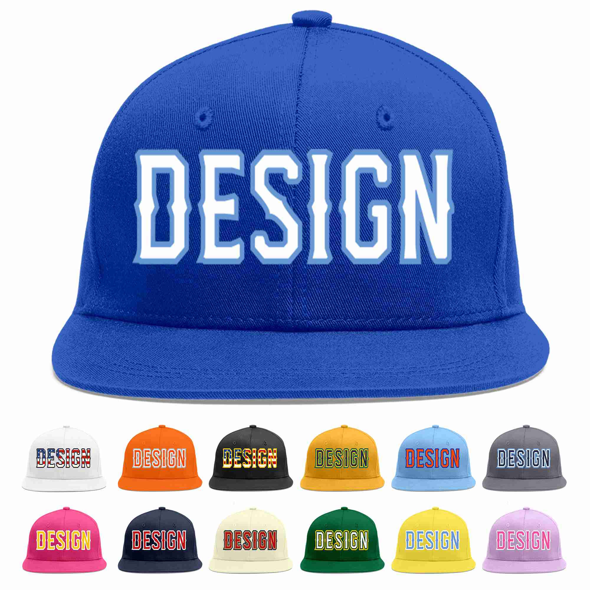 Custom Royal White-Light Blue Flat Eaves Sport Baseball Cap Design for Men/Women/Youth