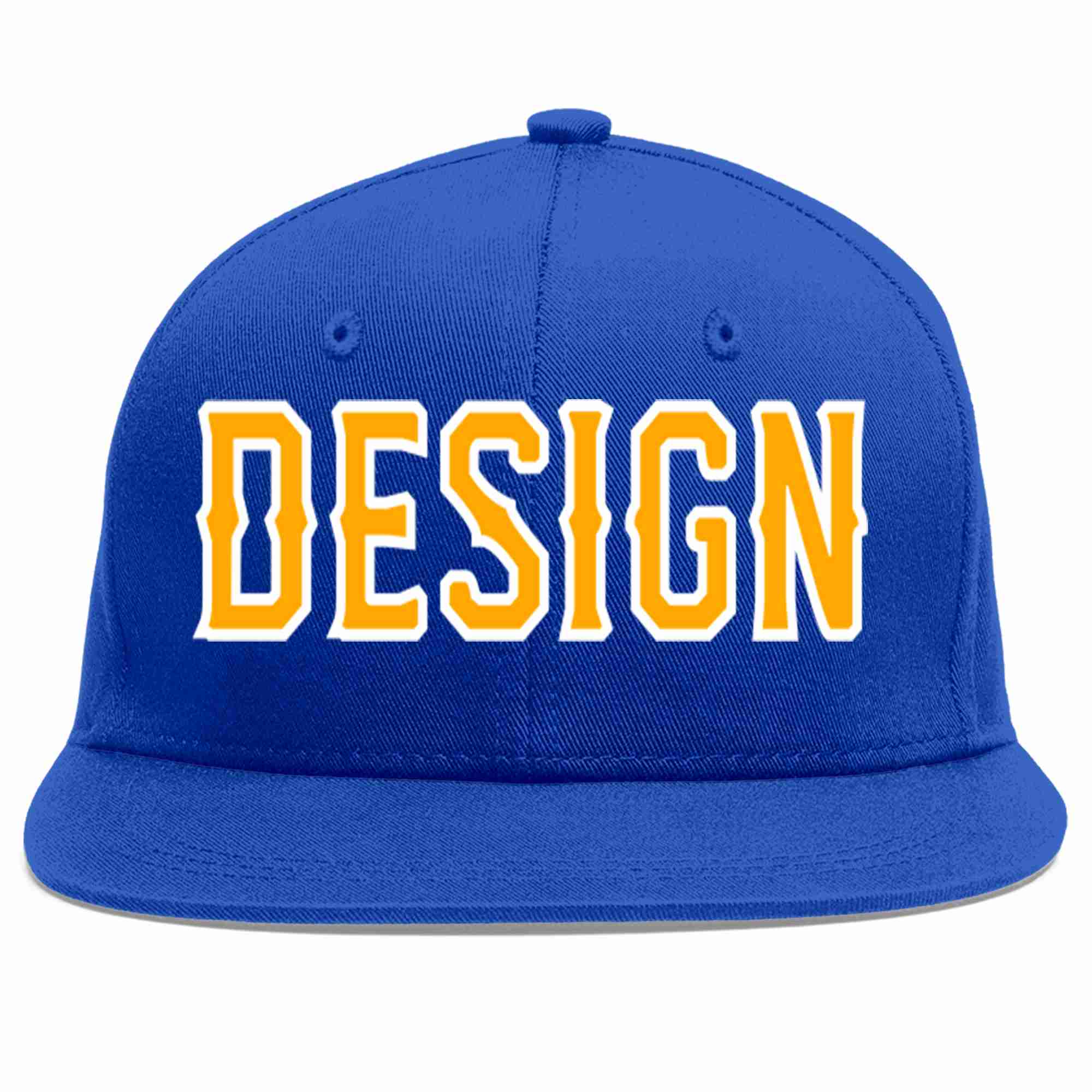 Conception personnalisée de casquette de baseball de sport à avant-toit plat jaune-blanc royal pour hommes/femmes/jeunes