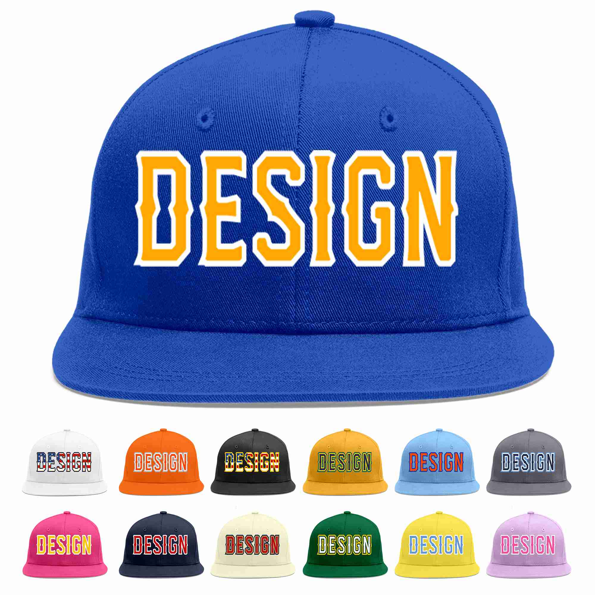 Custom Royal Yellow-White Flat Eaves Sport Baseball Cap Design for Men/Women/Youth