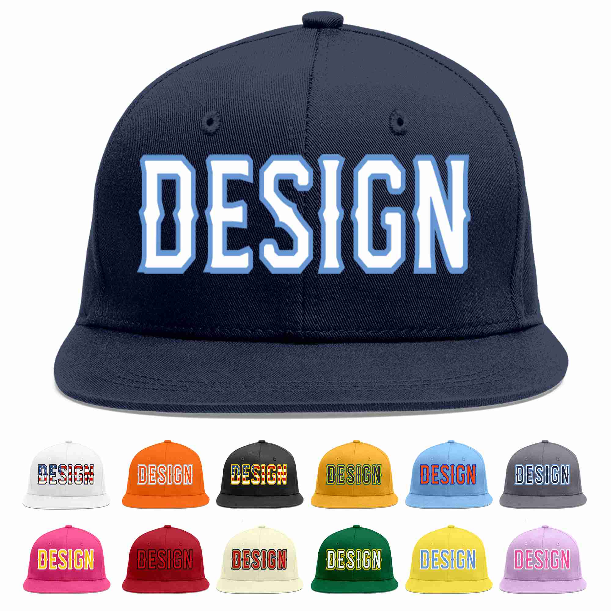 Conception personnalisée de casquette de baseball de sport à avant-toit plat bleu marine blanc-bleu clair pour hommes/femmes/jeunes