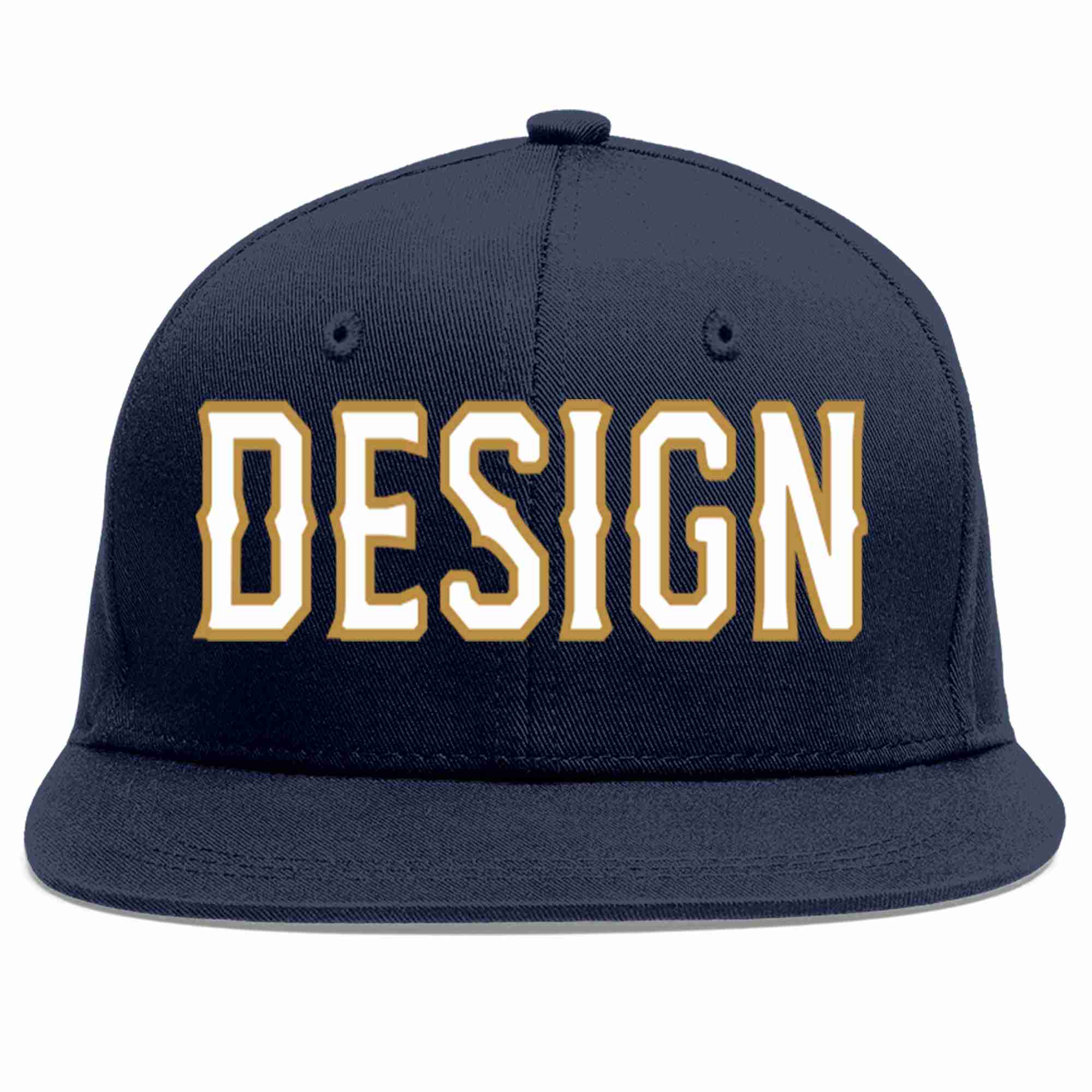 Custom Navy White-Old Gold Flat Eaves Sport Baseball Cap Design for Men/Women/Youth