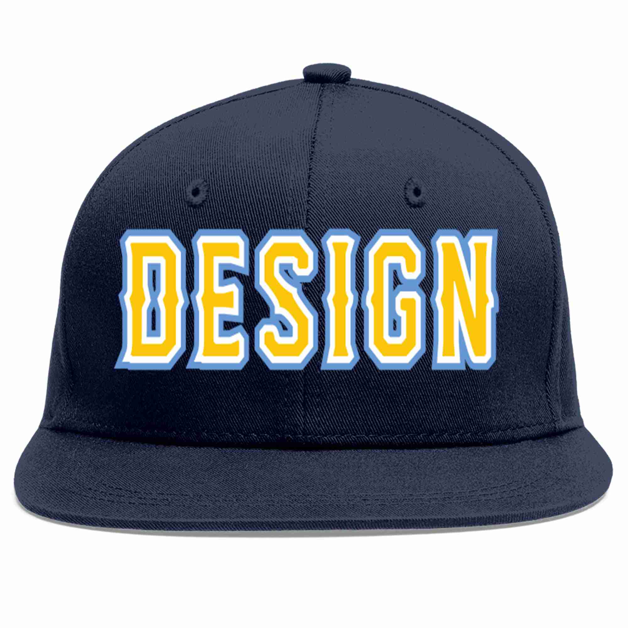 Conception personnalisée de casquette de baseball de sport à avant-toit plat bleu marine or-blanc pour hommes/femmes/jeunes