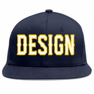 Custom Navy White-Gold Flat Eaves Sport Baseball Cap Design for Men/Women/Youth