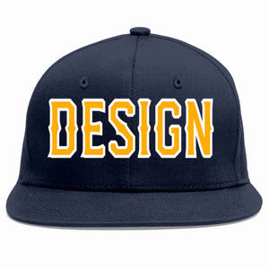 Custom Navy Yellow-White Flat Eaves Sport Baseball Cap Design for Men/Women/Youth