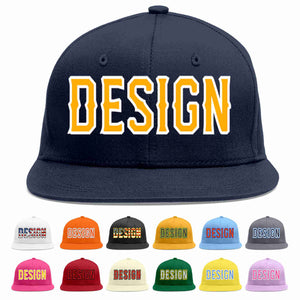 Custom Navy Yellow-White Flat Eaves Sport Baseball Cap Design for Men/Women/Youth