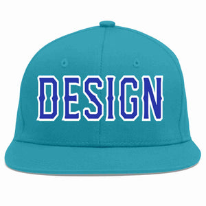 Custom Aqua Royal-White Flat Eaves Sport Baseball Cap Design for Men/Women/Youth