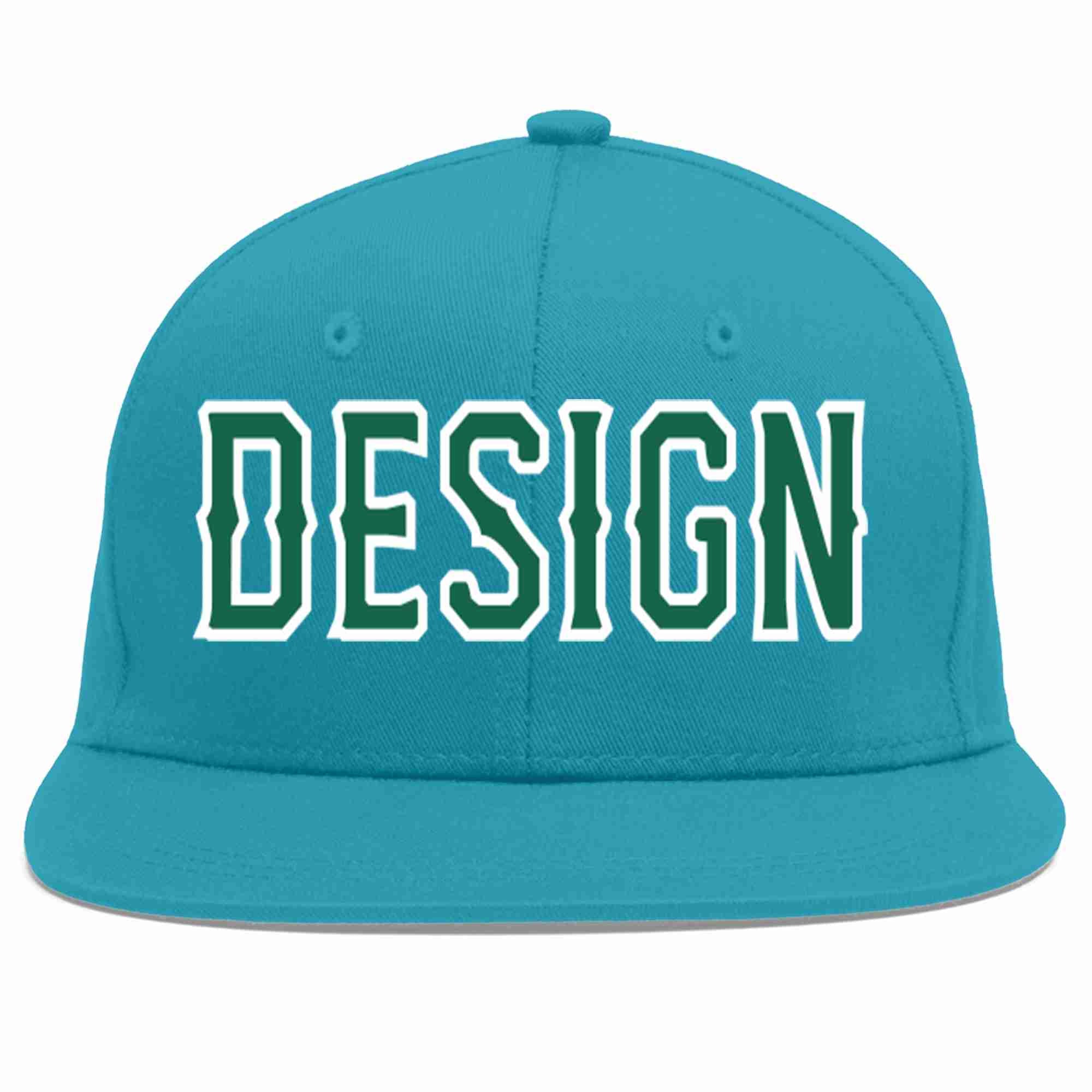 Custom Aqua Kelly Green-White Flat Eaves Sport Baseball Cap Design for Men/Women/Youth