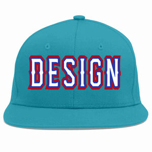 Custom Aqua White-Royal Flat Eaves Sport Baseball Cap Design for Men/Women/Youth