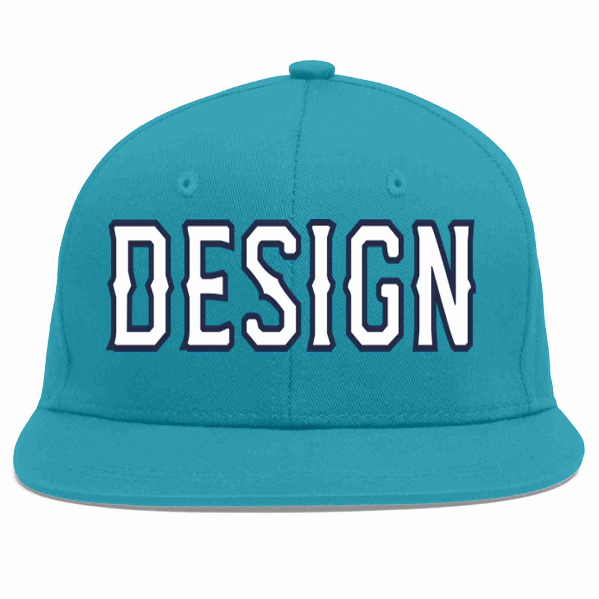 Custom Aqua White-Navy Flat Eaves Sport Baseball Cap Design for Men/Women/Youth