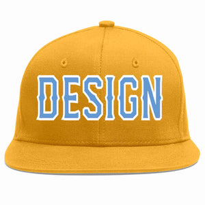 Custom Gold Light Blue-White Flat Eaves Sport Baseball Cap Design for Men/Women/Youth