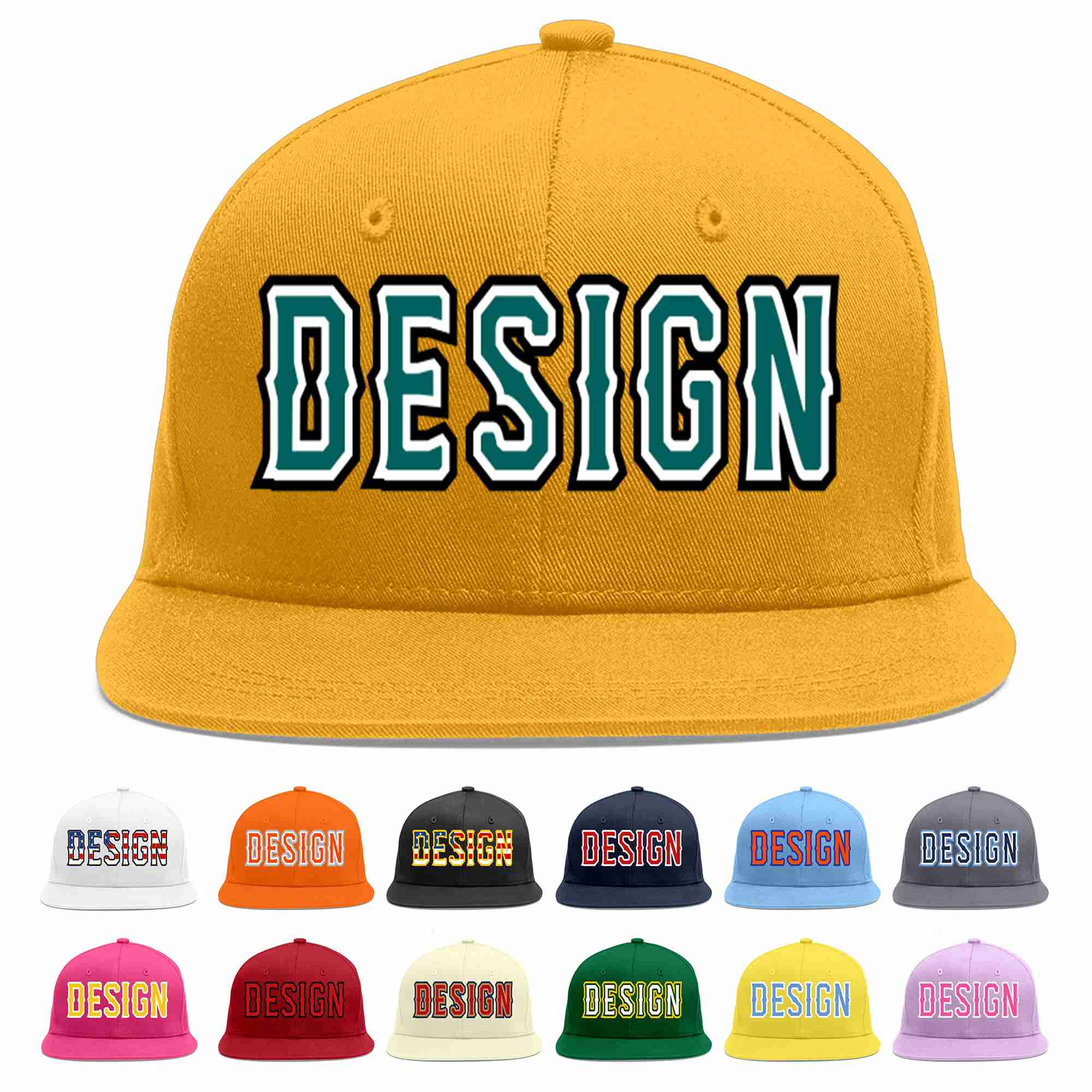 Custom Gold Aqua-White Flat Eaves Sport Baseball Cap Design for Men/Women/Youth