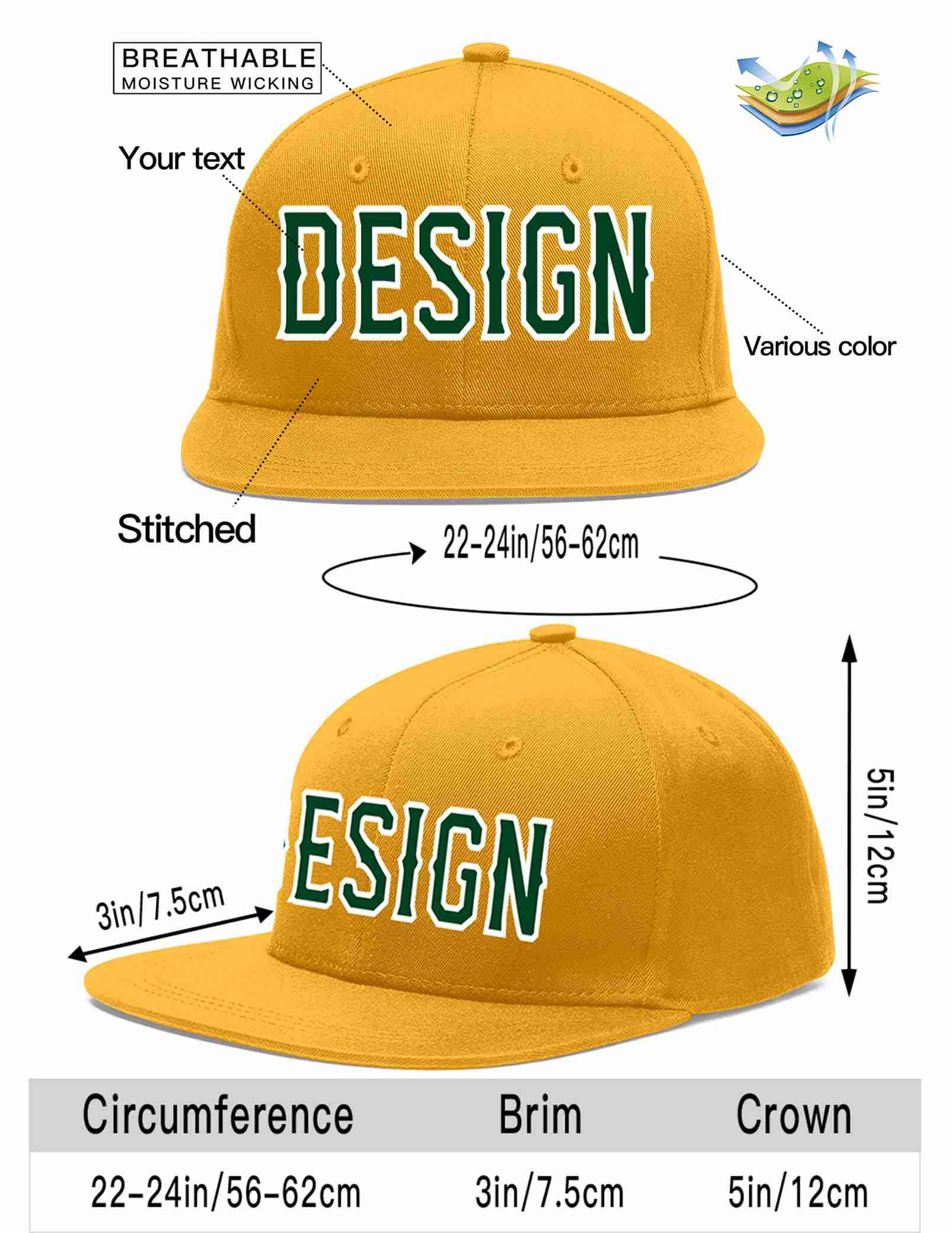 Custom Gold Green-White Flat Eaves Sport Baseball Cap Design for Men/Women/Youth