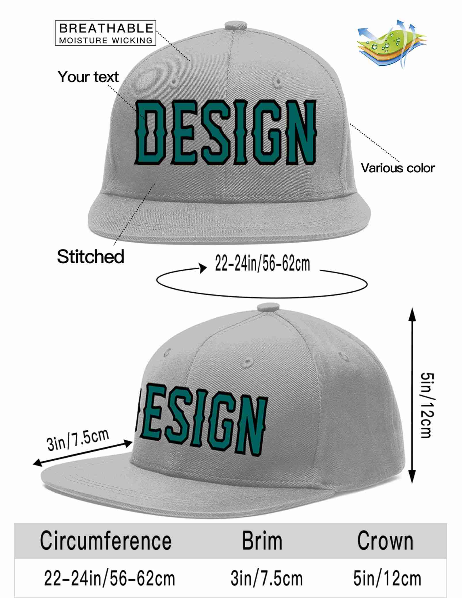 Custom Gray Aqua-Black Flat Eaves Sport Baseball Cap Design for Men/Women/Youth