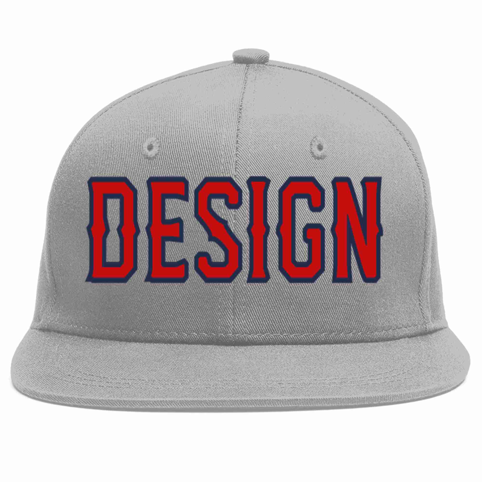 Custom Gray Red-Navy Flat Eaves Sport Baseball Cap Design for Men/Women/Youth