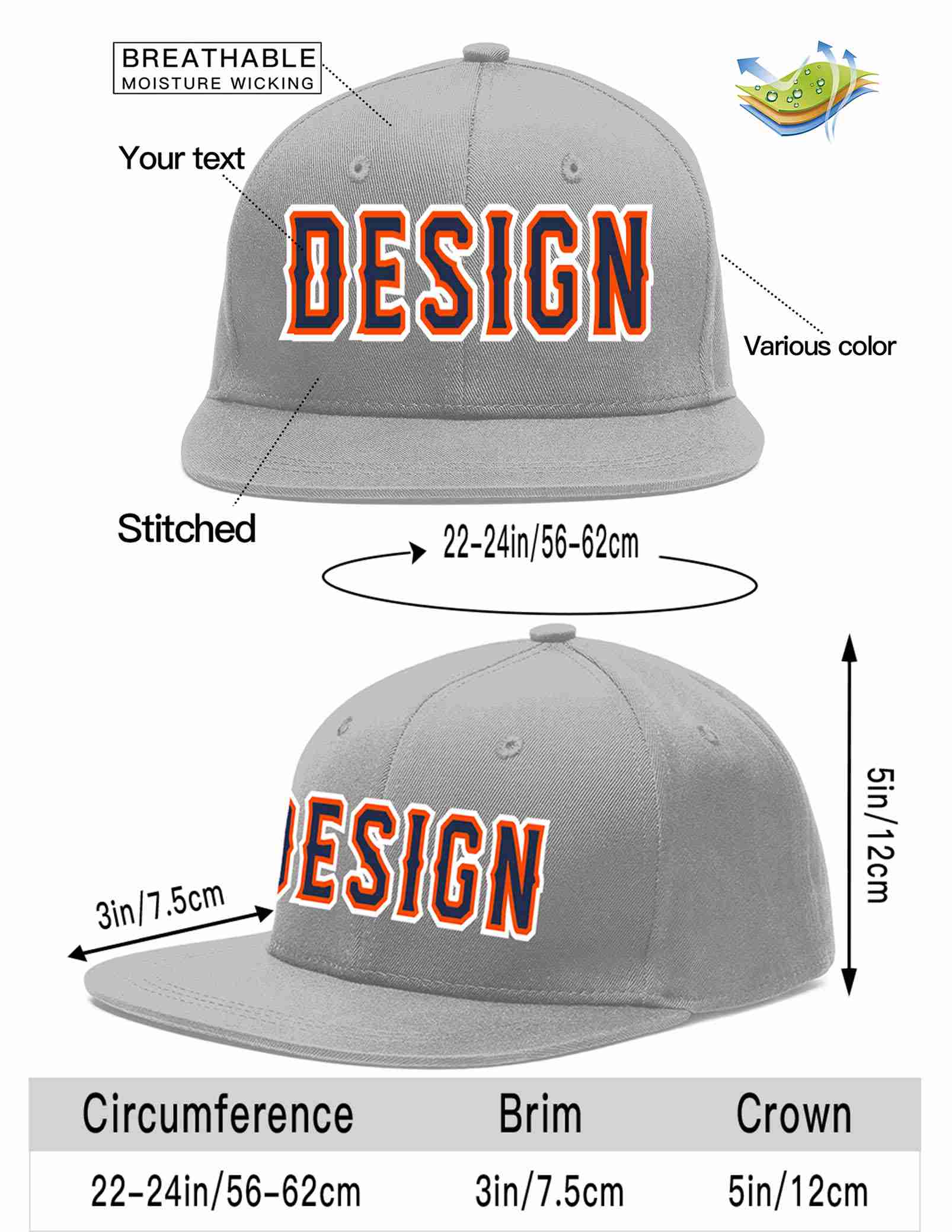 Custom Gray Navy-Orange Flat Eaves Sport Baseball Cap Design for Men/Women/Youth