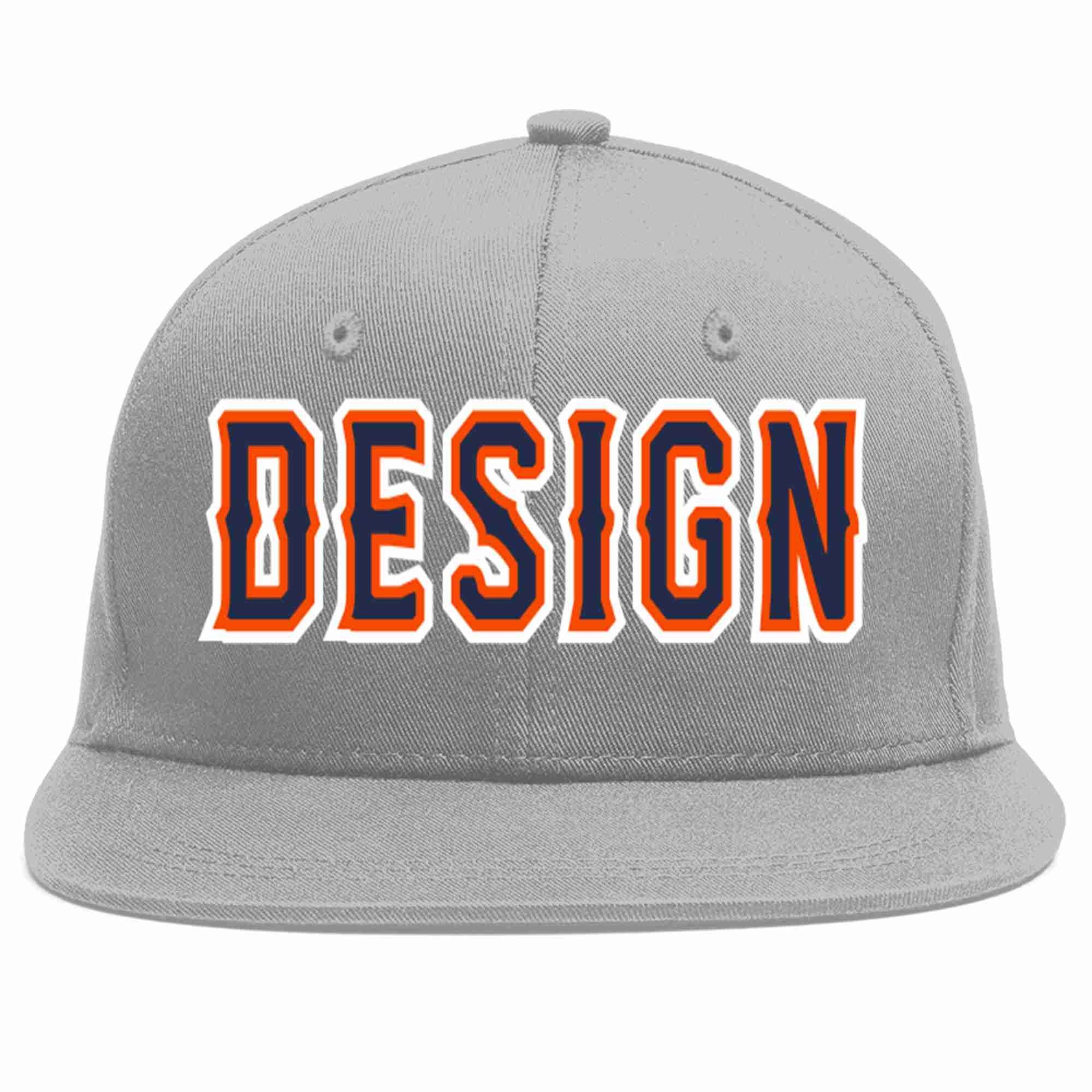 Custom Gray Navy-Orange Flat Eaves Sport Baseball Cap Design for Men/Women/Youth