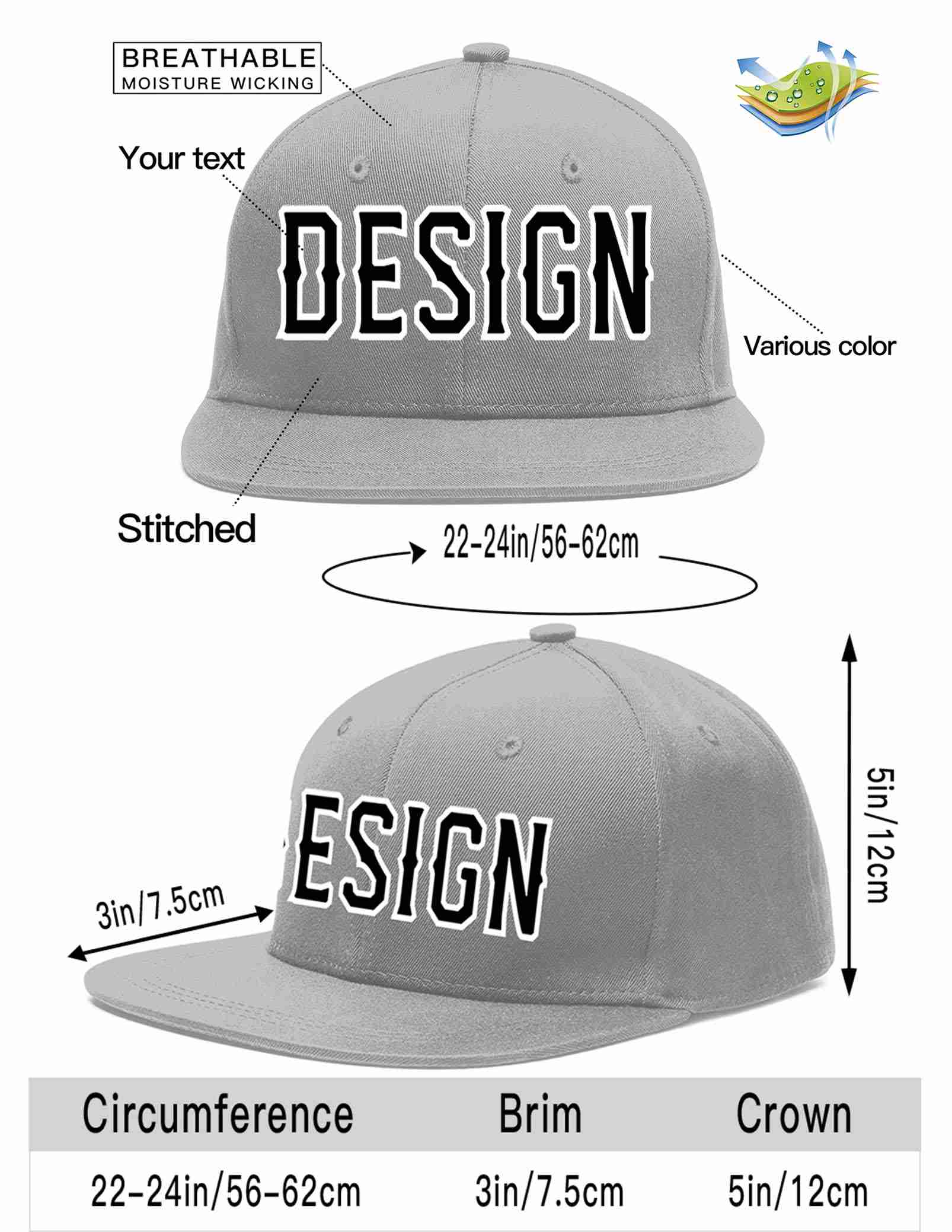 Custom Gray Black-White Flat Eaves Sport Baseball Cap Design for Men/Women/Youth