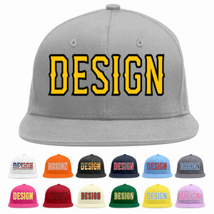 Custom Gray Gold-Black Flat Eaves Sport Baseball Cap Design for Men/Women/Youth