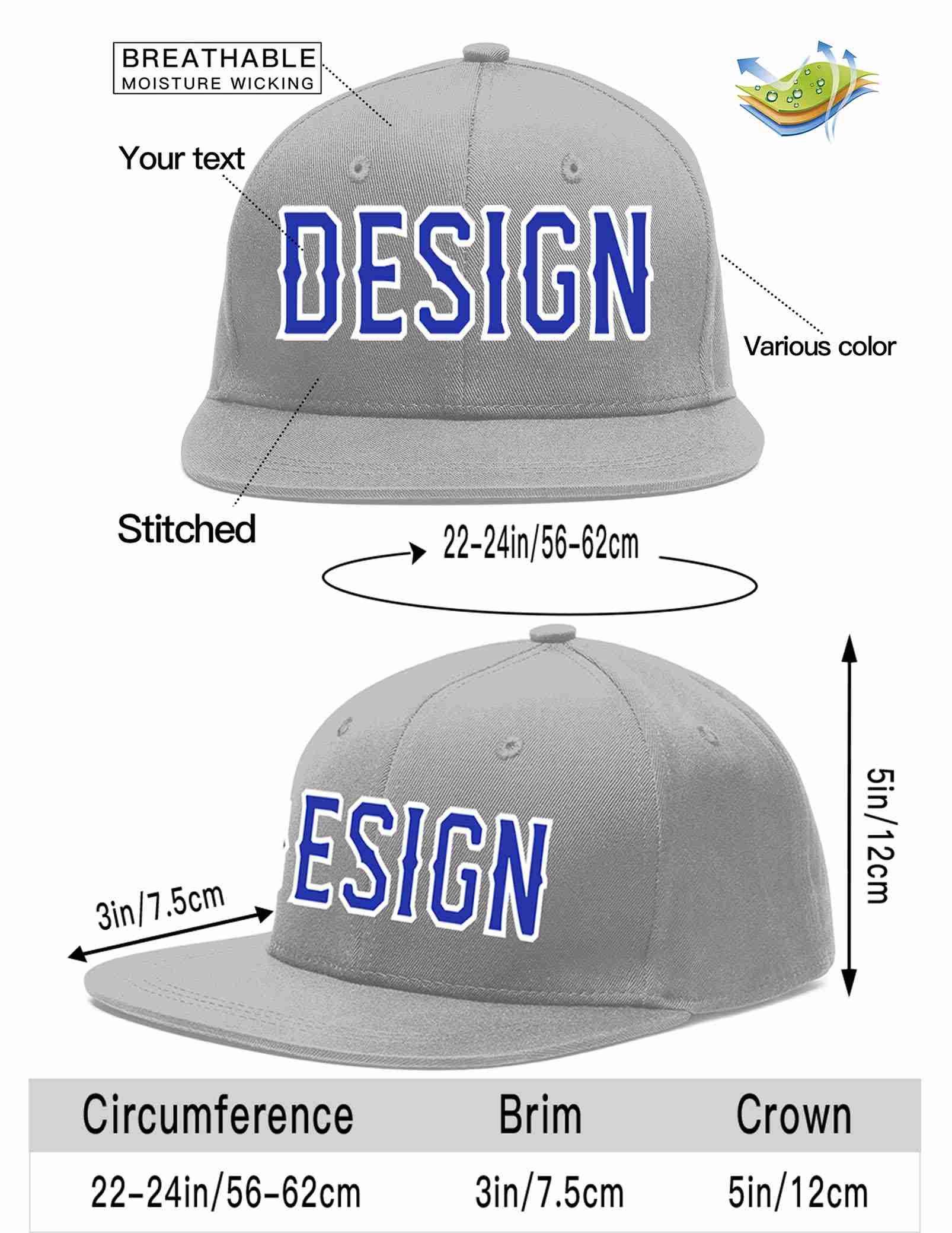 Custom Gray Royal-White Flat Eaves Sport Baseball Cap Design for Men/Women/Youth