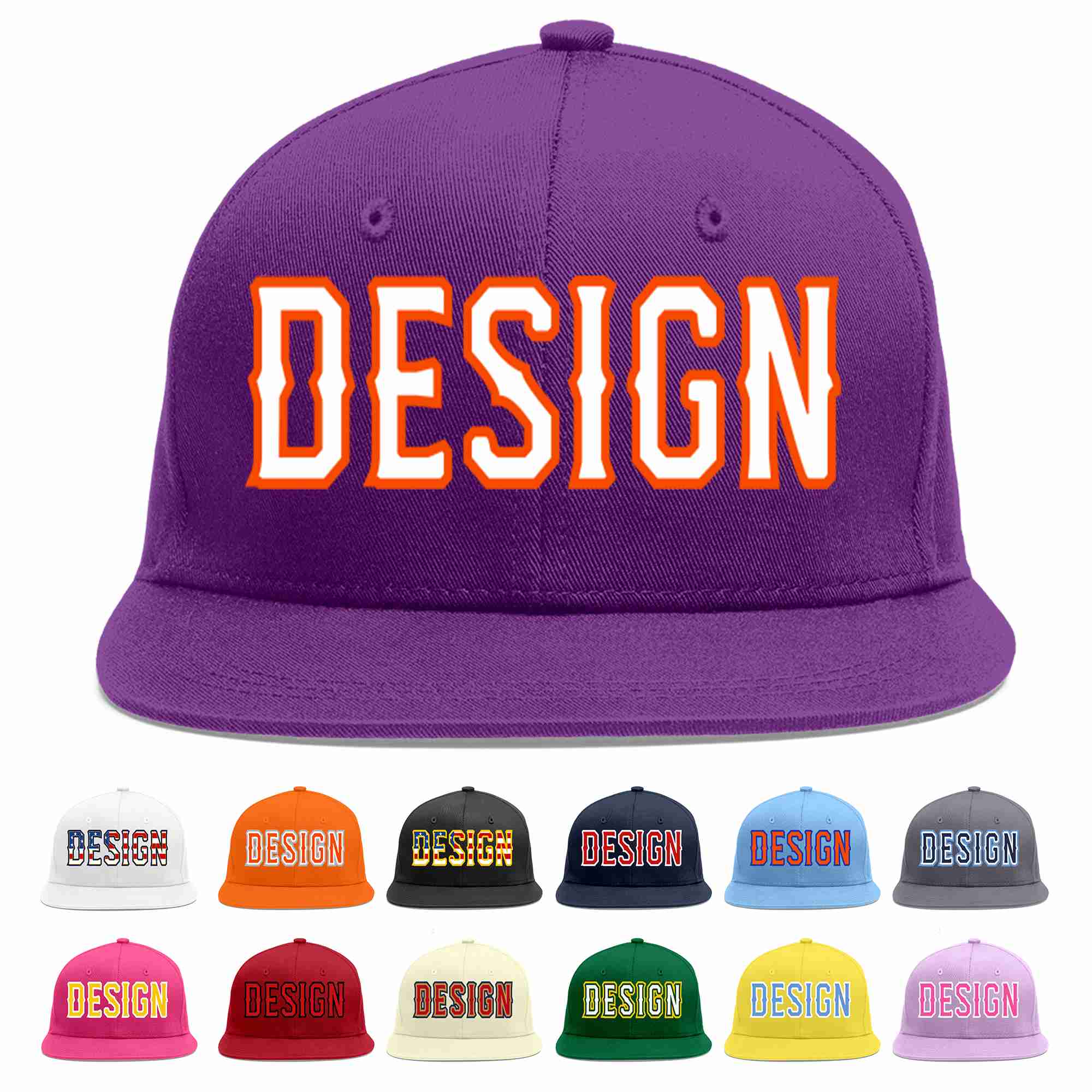 Conception personnalisée de casquette de baseball de sport à avant-toit plat violet blanc-orange pour hommes/femmes/jeunes