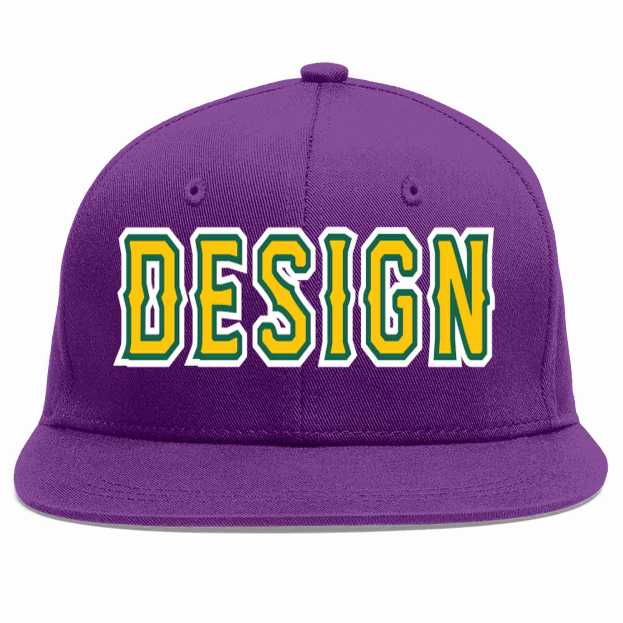 Custom Purple Gold-Kelly Green Flat Eaves Sport Baseball Cap Design for Men/Women/Youth