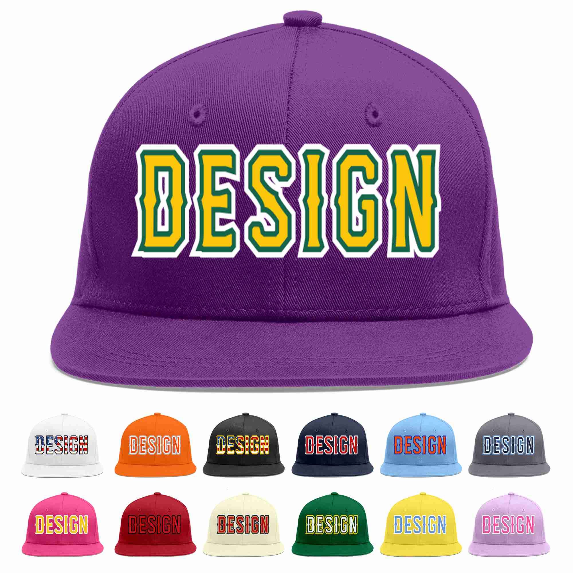 Custom Purple Gold-Kelly Green Flat Eaves Sport Baseball Cap Design for Men/Women/Youth