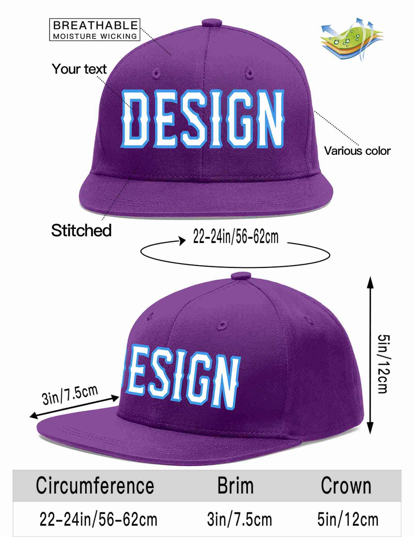 Custom Purple White-Powder Blue Flat Eaves Sport Baseball Cap Design for Men/Women/Youth