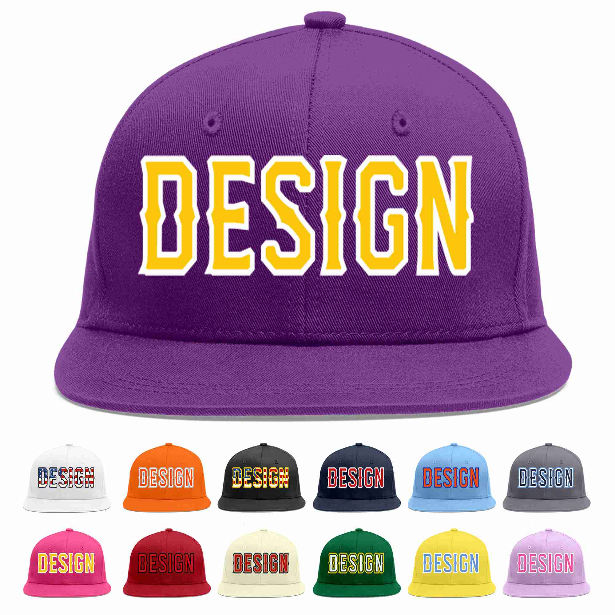 Conception personnalisée de casquette de baseball de sport à avant-toit plat violet or-blanc pour hommes/femmes/jeunes