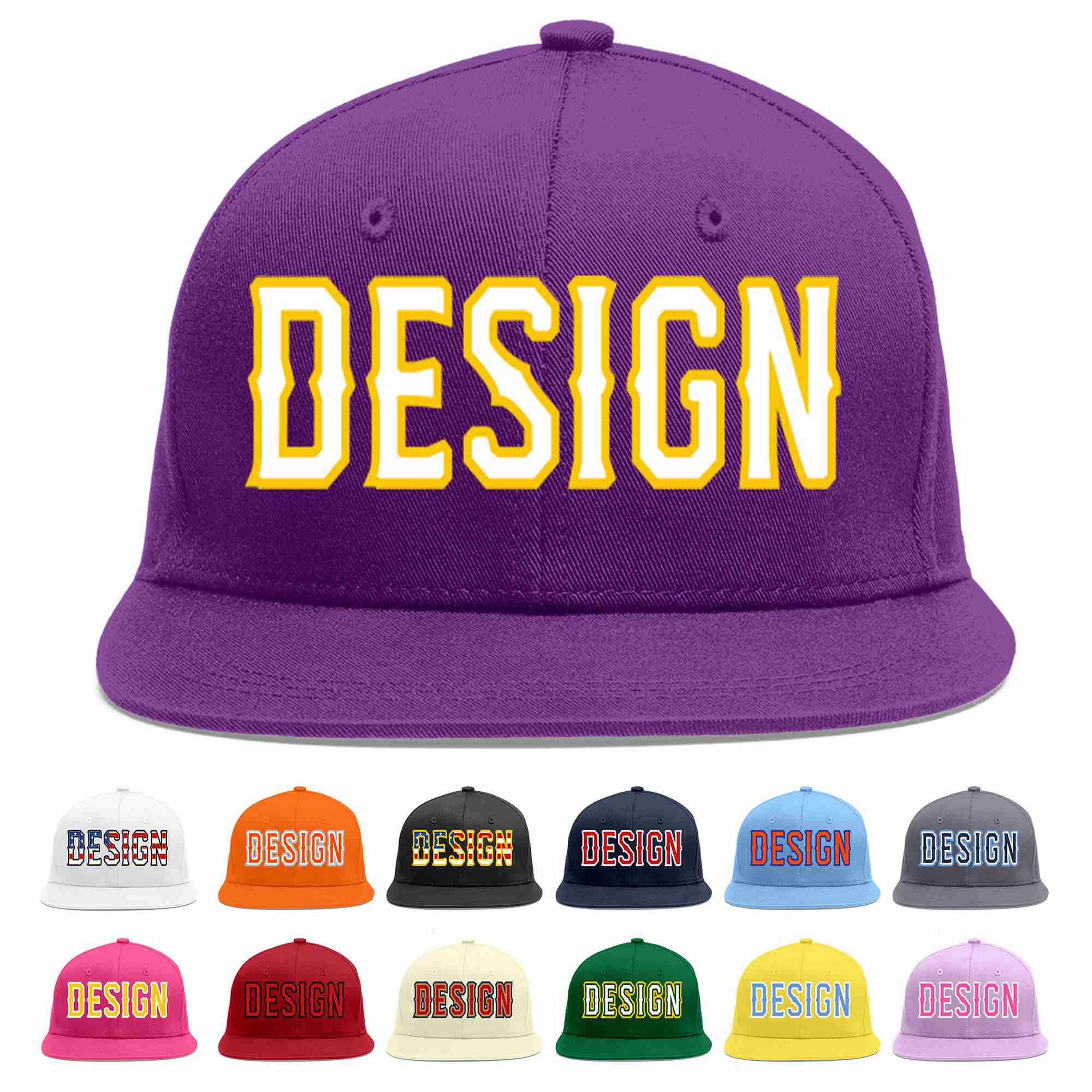 Custom Purple White-Gold Flat Eaves Sport Baseball Cap Design for Men/Women/Youth