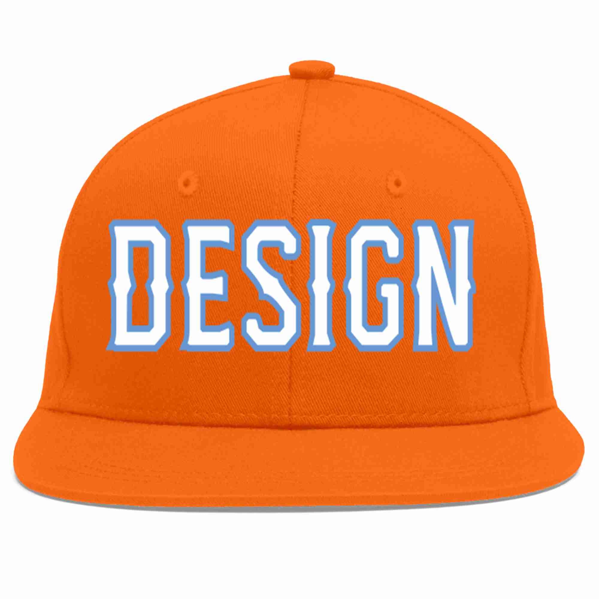 Conception personnalisée de casquette de baseball de sport à avant-toit plat orange blanc-bleu clair pour hommes/femmes/jeunes