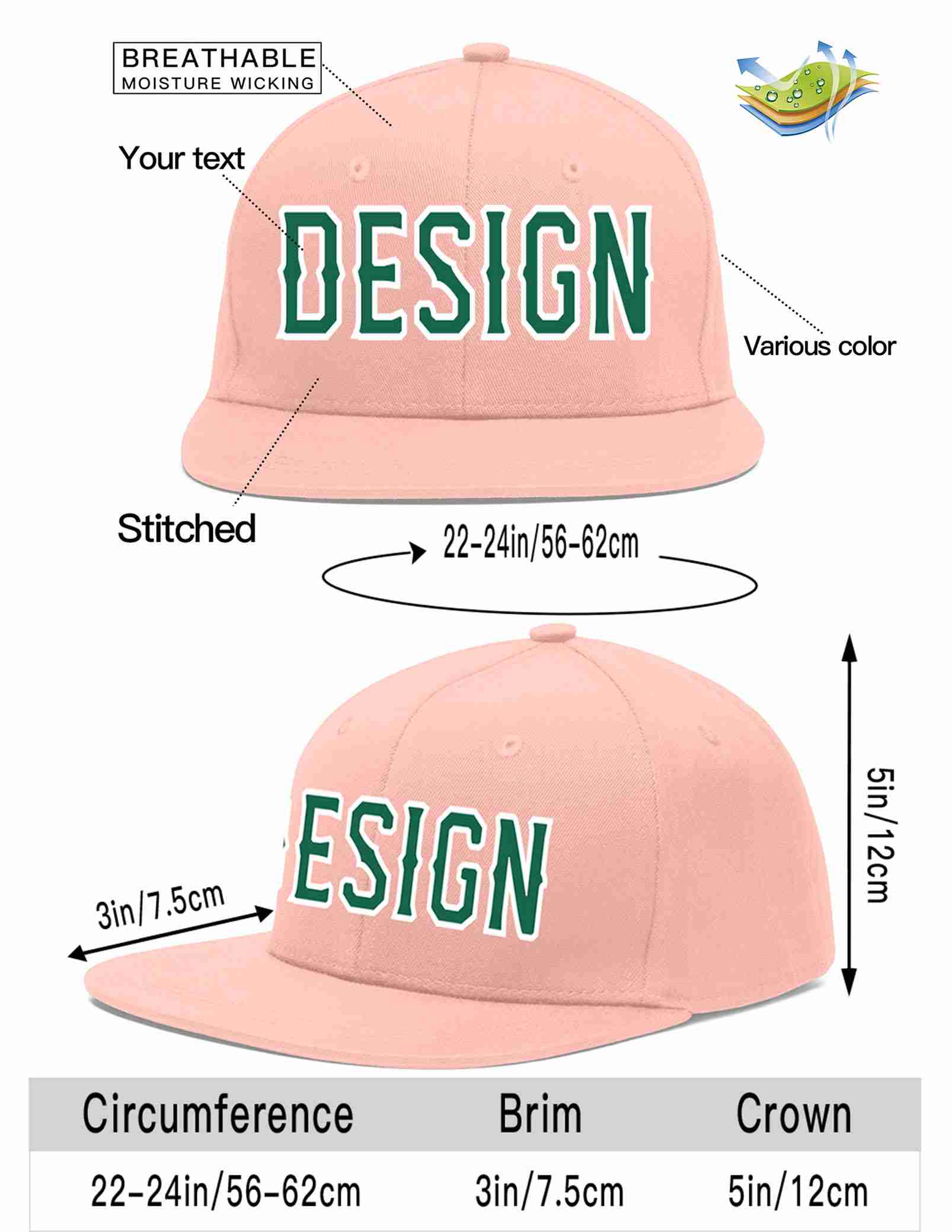 Custom Pink Kelly Green-White Flat Eaves Sport Baseball Cap Design for Men/Women/Youth