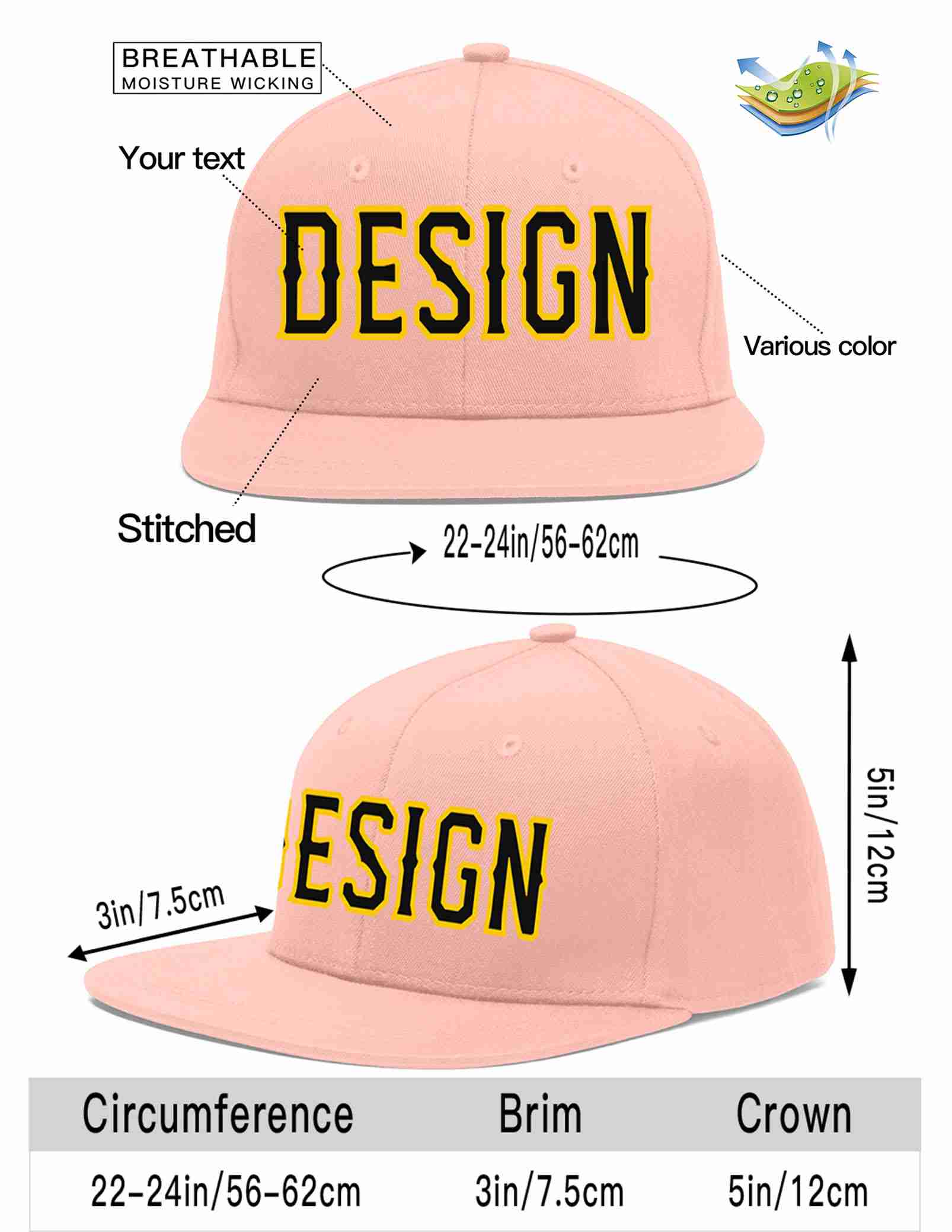 Custom Pink Black-Gold Flat Eaves Sport Baseball Cap Design for Men/Women/Youth