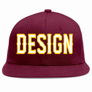 Custom Crimson White-Gold Flat Eaves Sport Baseball Cap Design for Men/Women/Youth