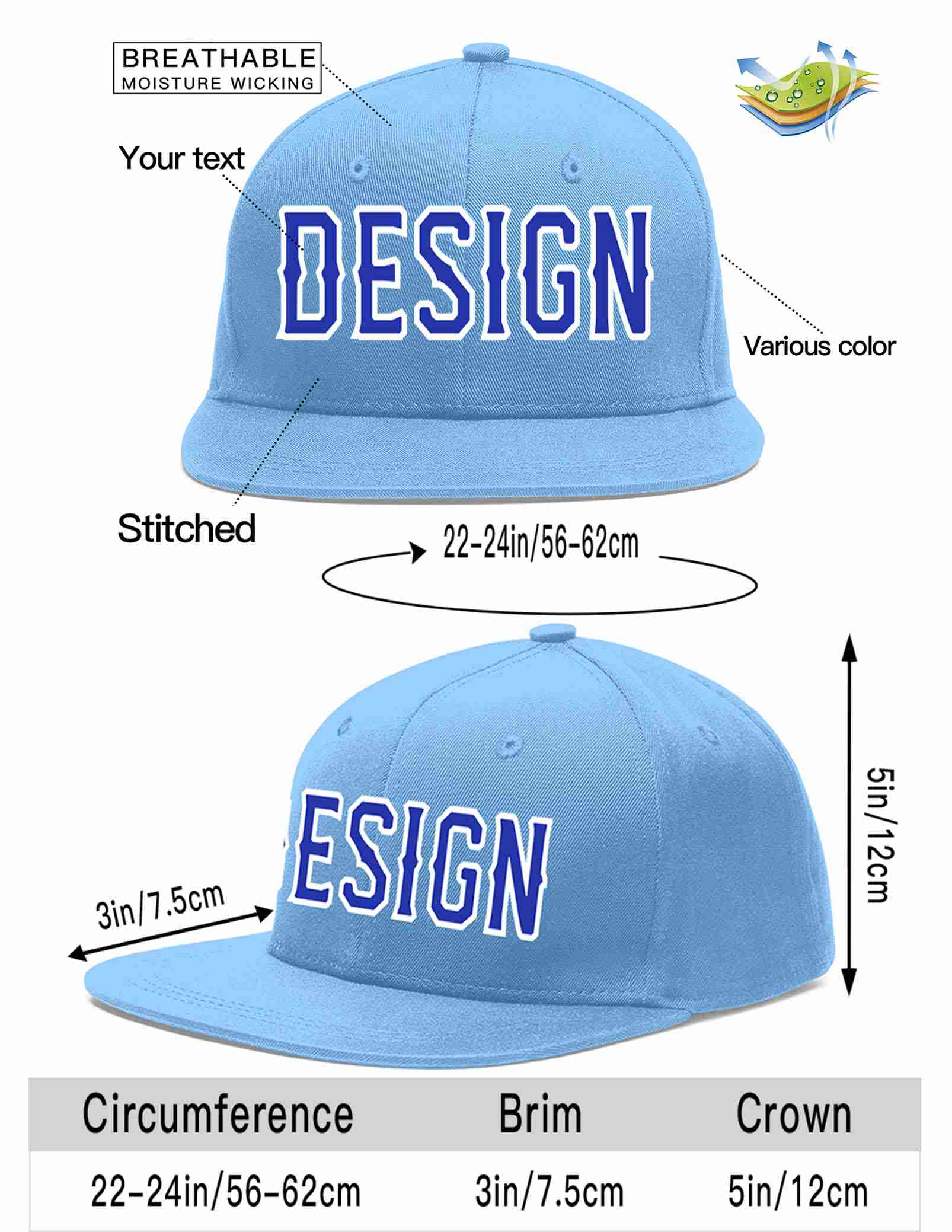 Custom Light Blue Royal-White Flat Eaves Sport Baseball Cap Design for Men/Women/Youth