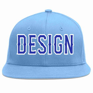 Custom Light Blue Royal-White Flat Eaves Sport Baseball Cap Design for Men/Women/Youth