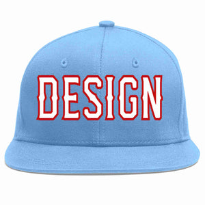 Conception personnalisée de casquette de baseball de sport à avant-toit plat bleu clair blanc-rouge pour hommes/femmes/jeunes