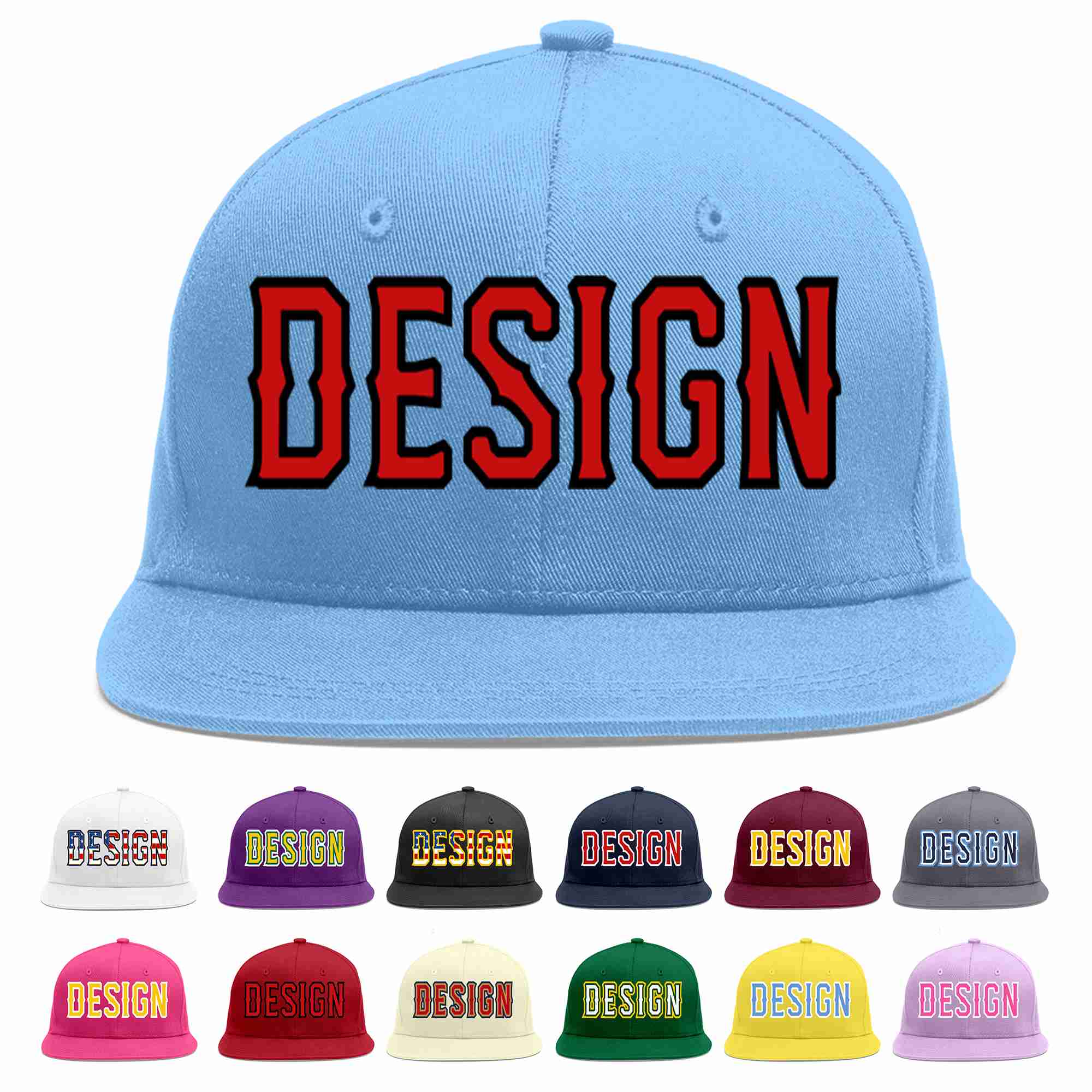 Custom Light Blue Red-Black Flat Eaves Sport Baseball Cap Design for Men/Women/Youth