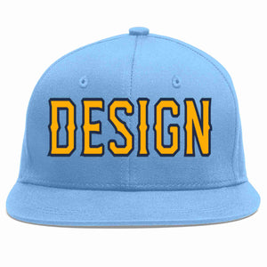 Custom Light Blue Yellow-Navy Flat Eaves Sport Baseball Cap Design for Men/Women/Youth