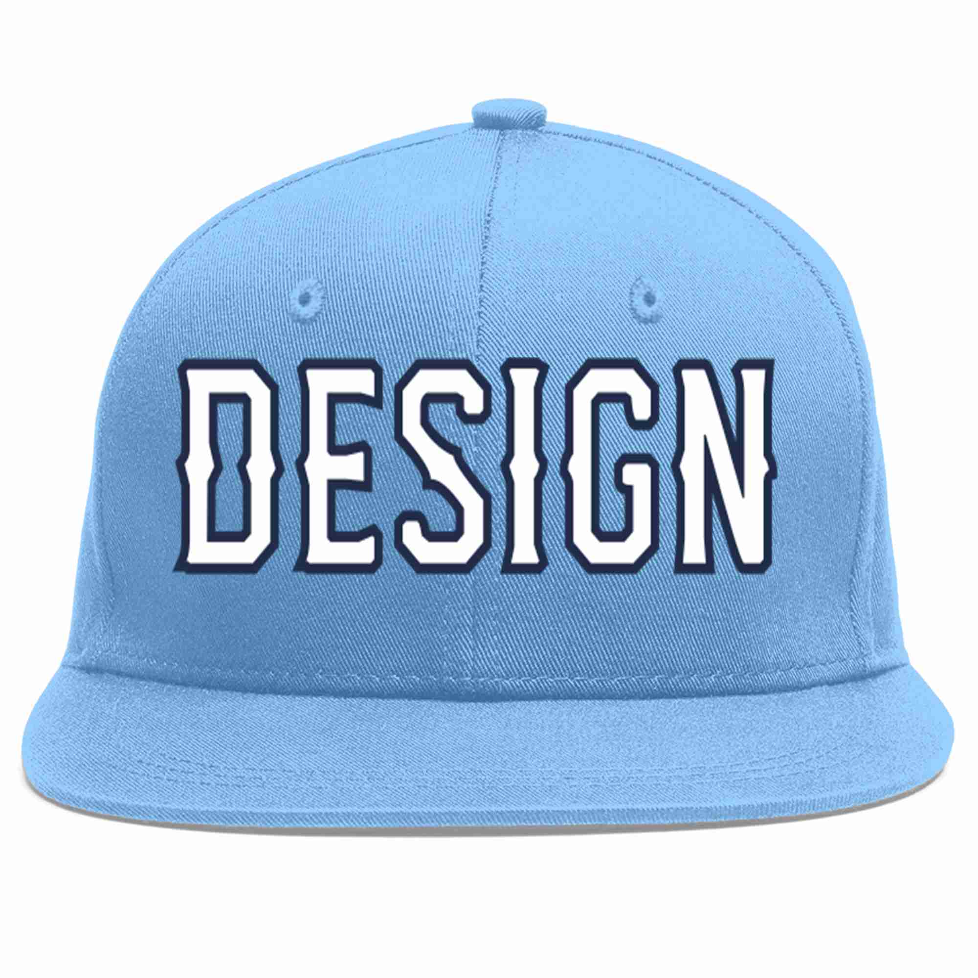 Custom Light Blue White-Navy Flat Eaves Sport Baseball Cap Design for Men/Women/Youth