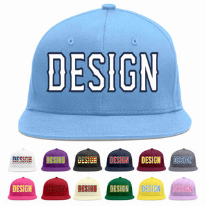 Custom Light Blue White-Navy Flat Eaves Sport Baseball Cap Design for Men/Women/Youth