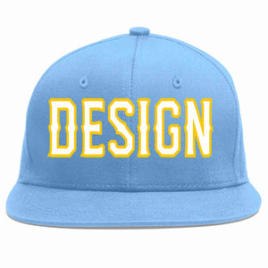 Custom Light Blue White-Gold Flat Eaves Sport Baseball Cap Design for Men/Women/Youth