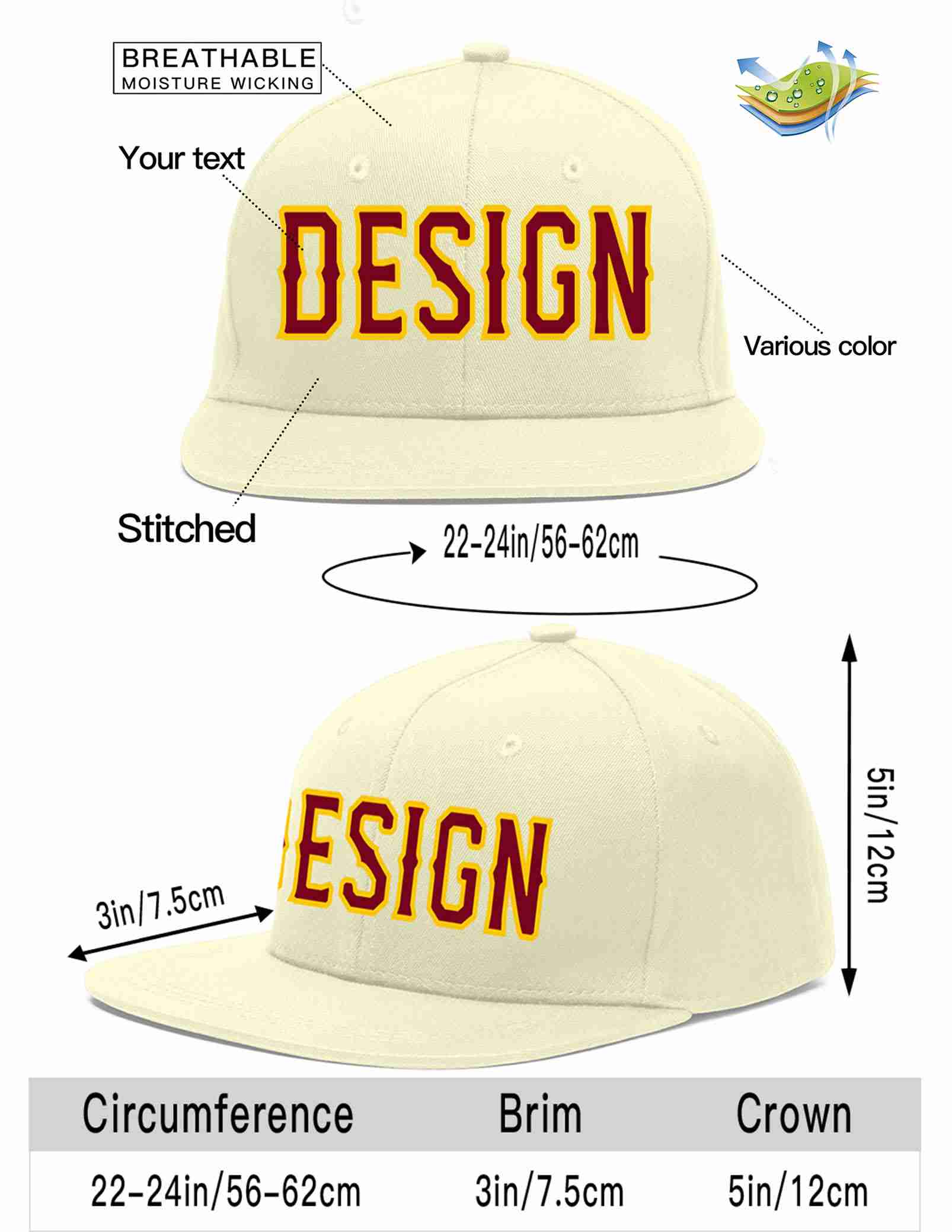 Custom Cream Crimson-Gold Flat Eaves Sport Baseball Cap Design for Men/Women/Youth