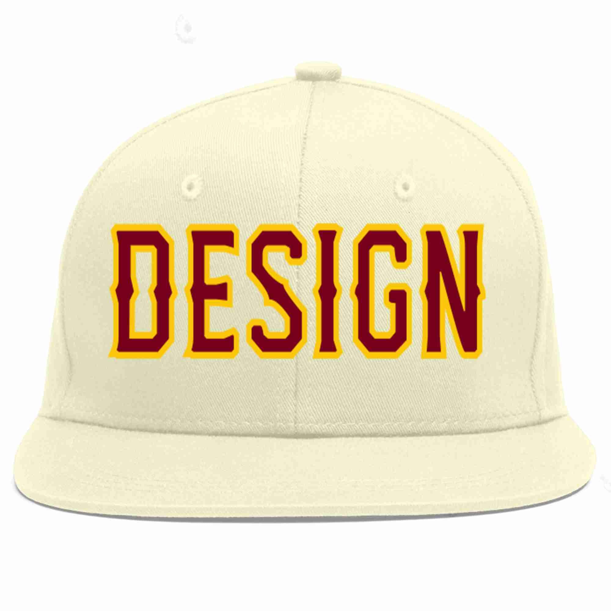 Custom Cream Crimson-Gold Flat Eaves Sport Baseball Cap Design for Men/Women/Youth