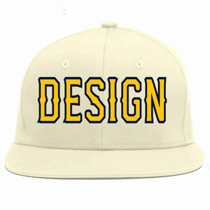 Custom Cream Gold-Navy Flat Eaves Sport Baseball Cap Design for Men/Women/Youth