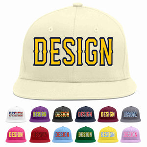 Custom Cream Gold-Navy Flat Eaves Sport Baseball Cap Design for Men/Women/Youth