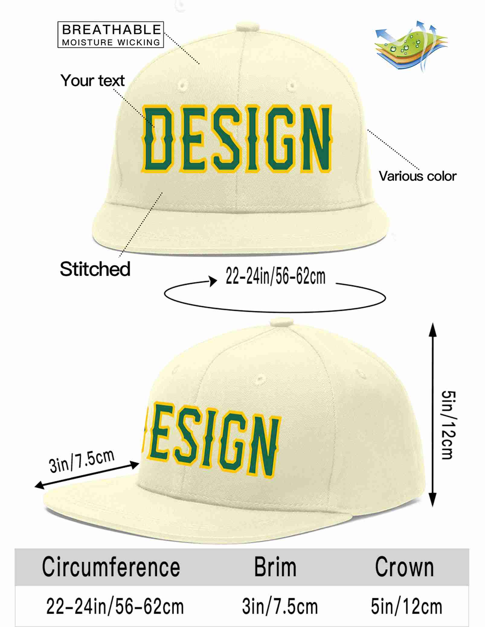 Custom Cream Kelly Green-Gold Flat Eaves Sport Baseball Cap Design for Men/Women/Youth